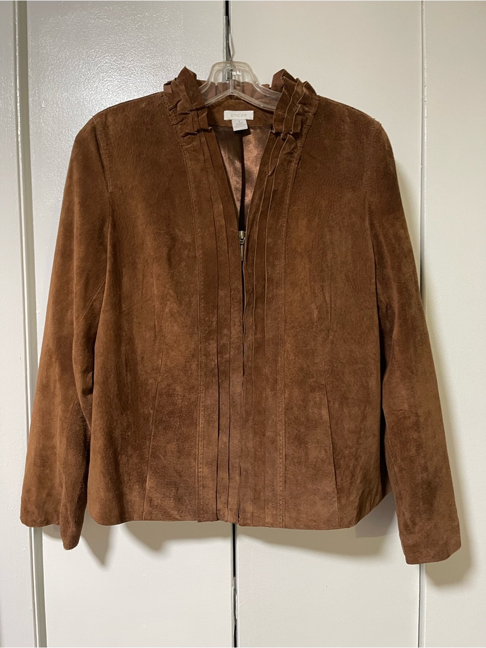 Chico's Chestnut Brown Suede Zip Ruffle Jacket